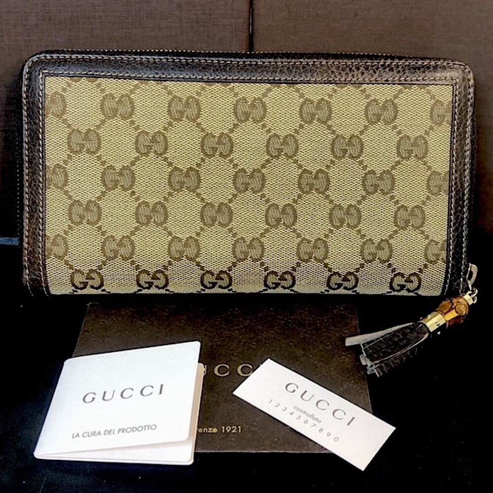 GUCCI Bamboo Zipper Pull GG Web Canvas and Leather Continental Wallet and Clutch